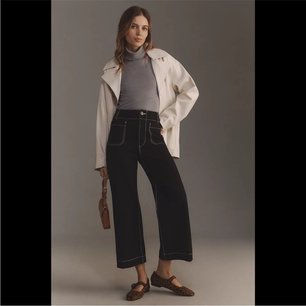 Anthropologie The Colette Ponte Contrast-Stitch Crop Wide-Leg Pants Size 32 NWT
